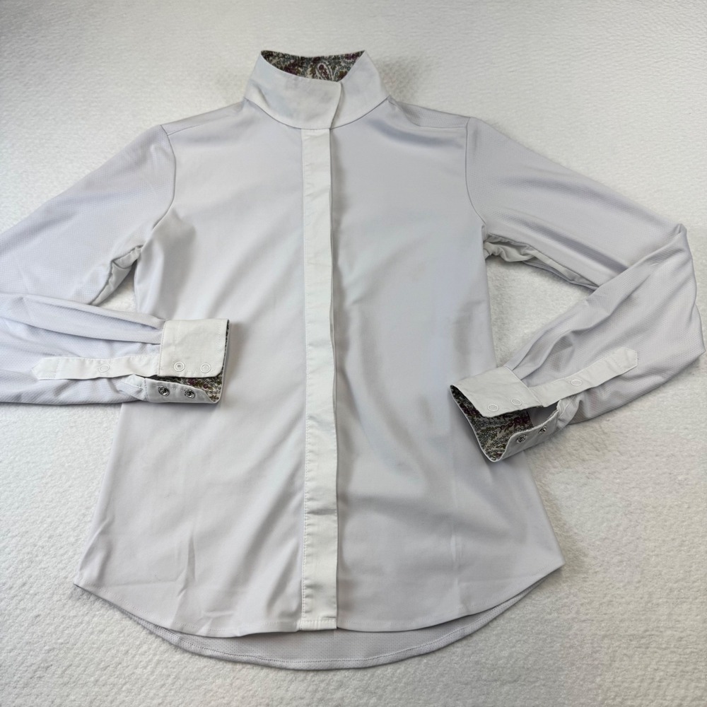Ovation Riding Shirt Womens 32 White Micro Polyester Spandex Paisley Collar Snap